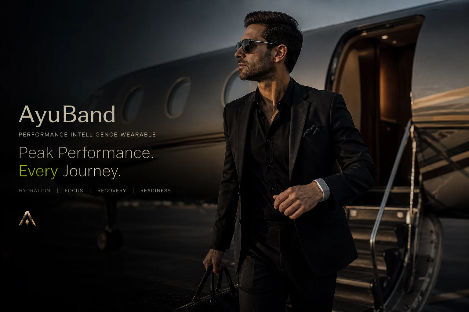 Business professional wearing AyuBand near private aircraft