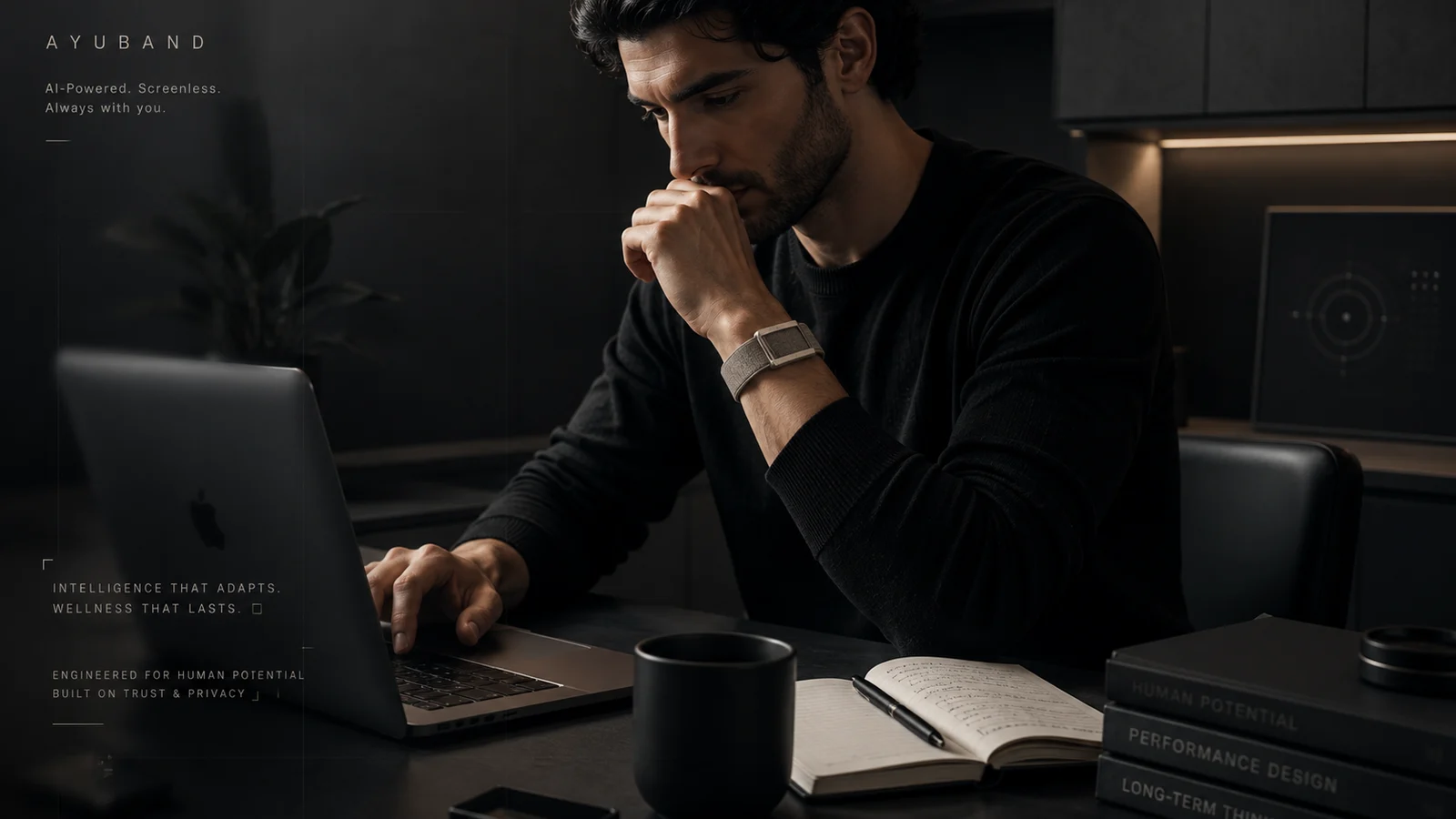 Professional wearing AyuBand while working with focus